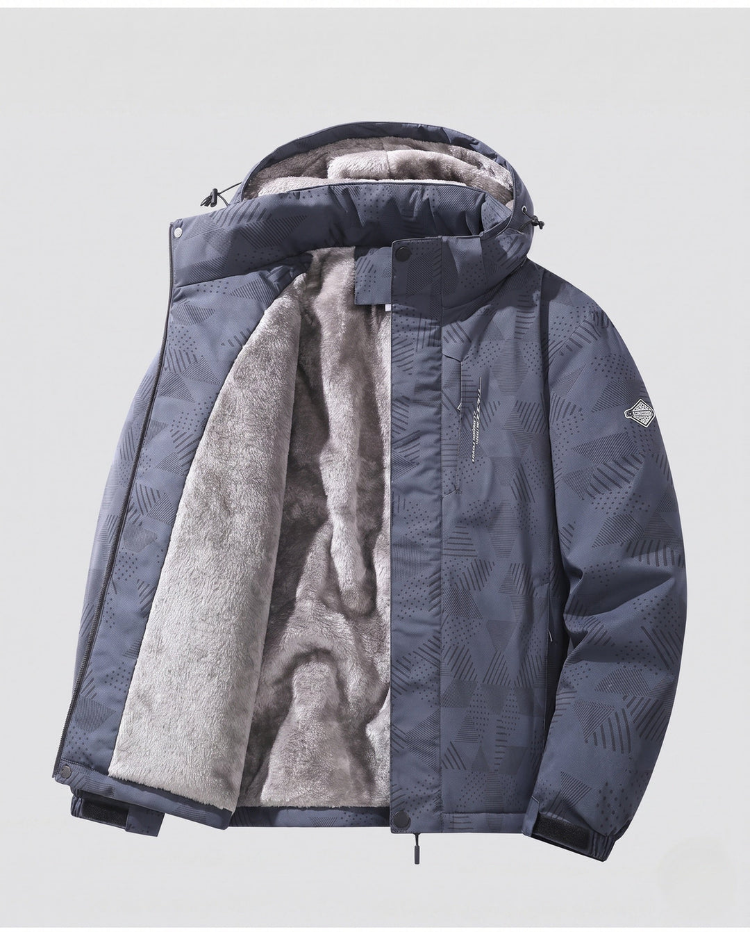 Men's water-repellent outdoor jacket with dense plush lining, adjustable hood, and windproof front
