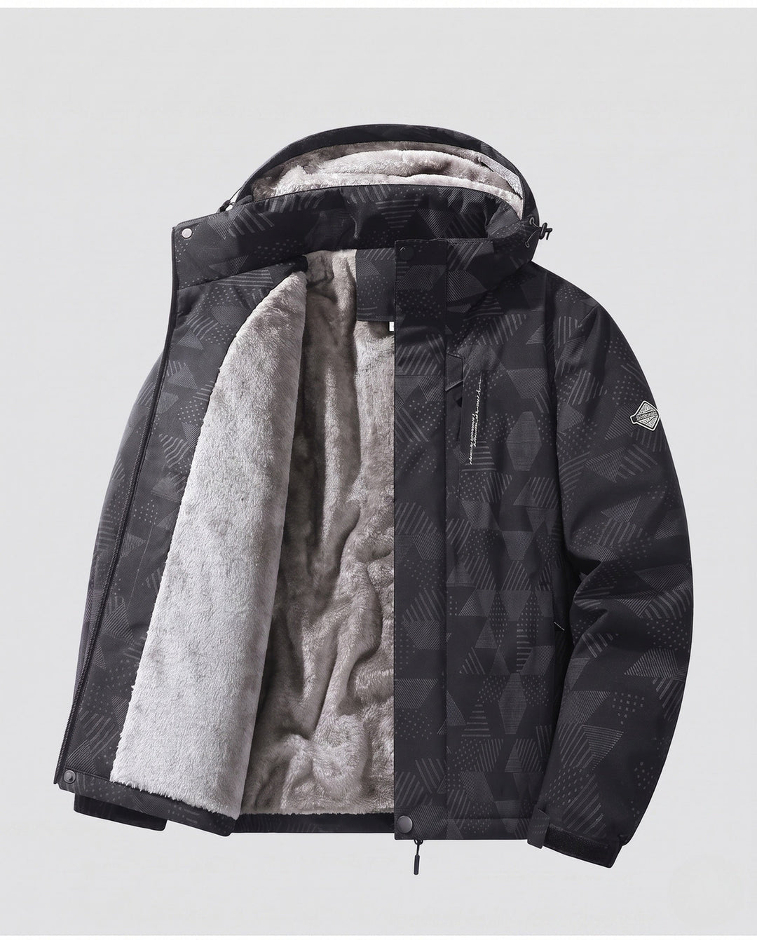 Men's water-repellent outdoor jacket with dense plush lining, adjustable hood, and windproof front
