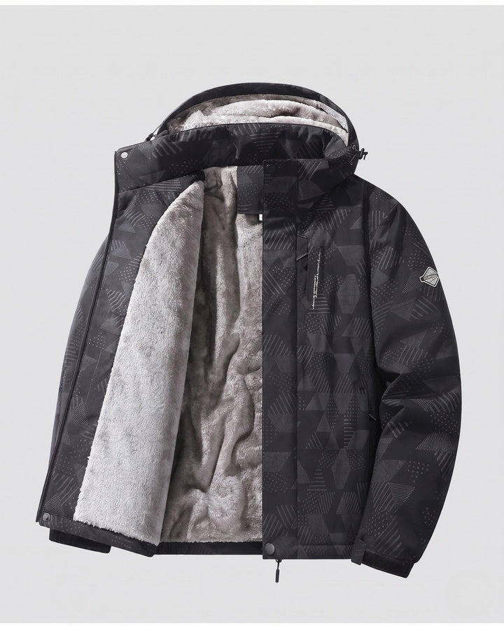 Men's water-repellent outdoor jacket with dense plush lining, adjustable hood, and windproof front