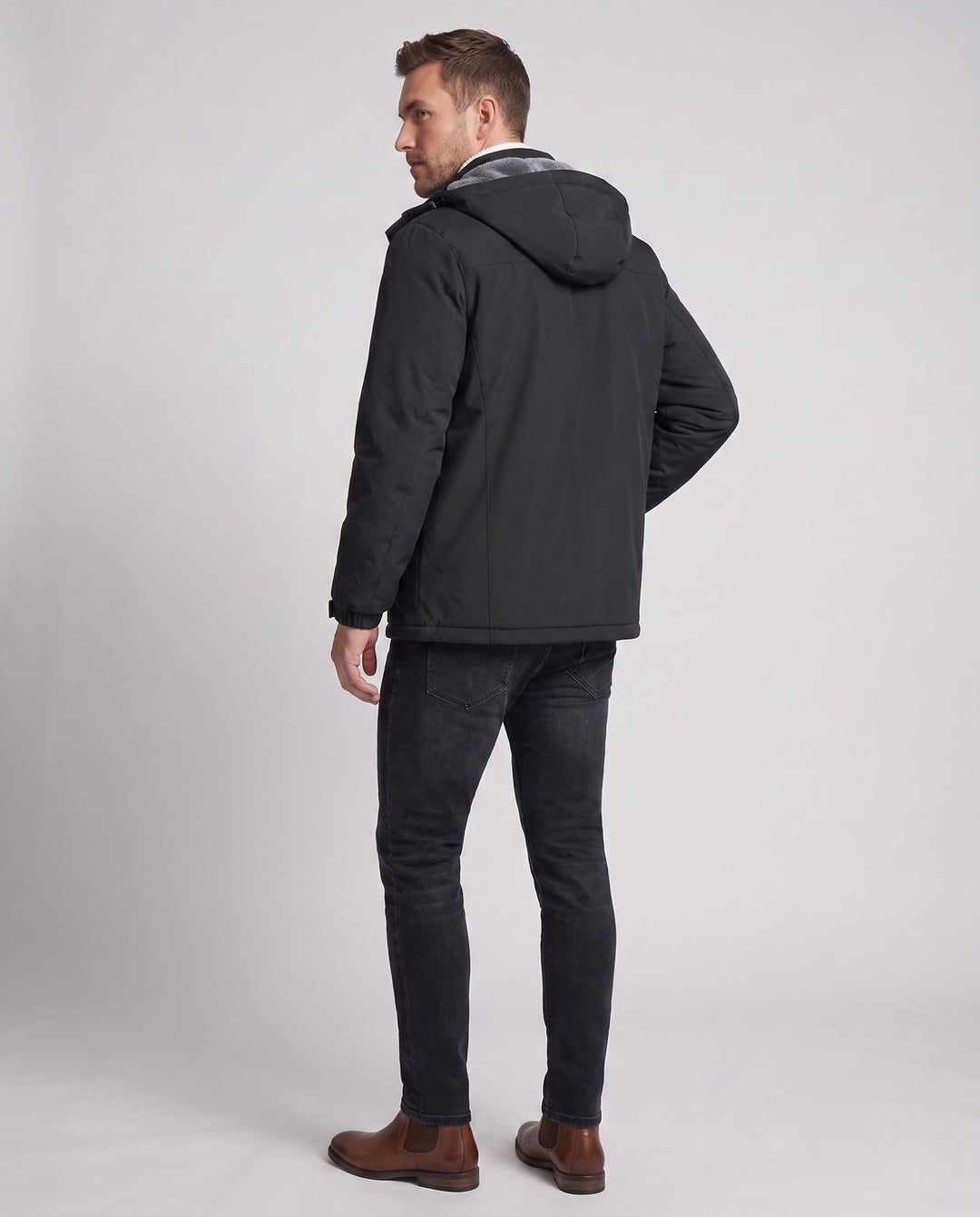 Men's waterproof hooded transitional jacket with thermal lining, windproof membrane, and concealed zipper