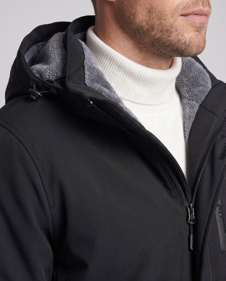 Men's waterproof hooded transitional jacket with thermal lining, windproof membrane, and concealed zipper