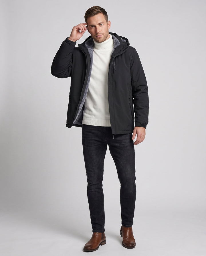 Men's waterproof hooded transitional jacket with thermal lining, windproof membrane, and concealed zipper