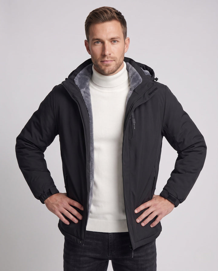 Men's waterproof hooded transitional jacket with thermal lining, windproof membrane, and concealed zipper