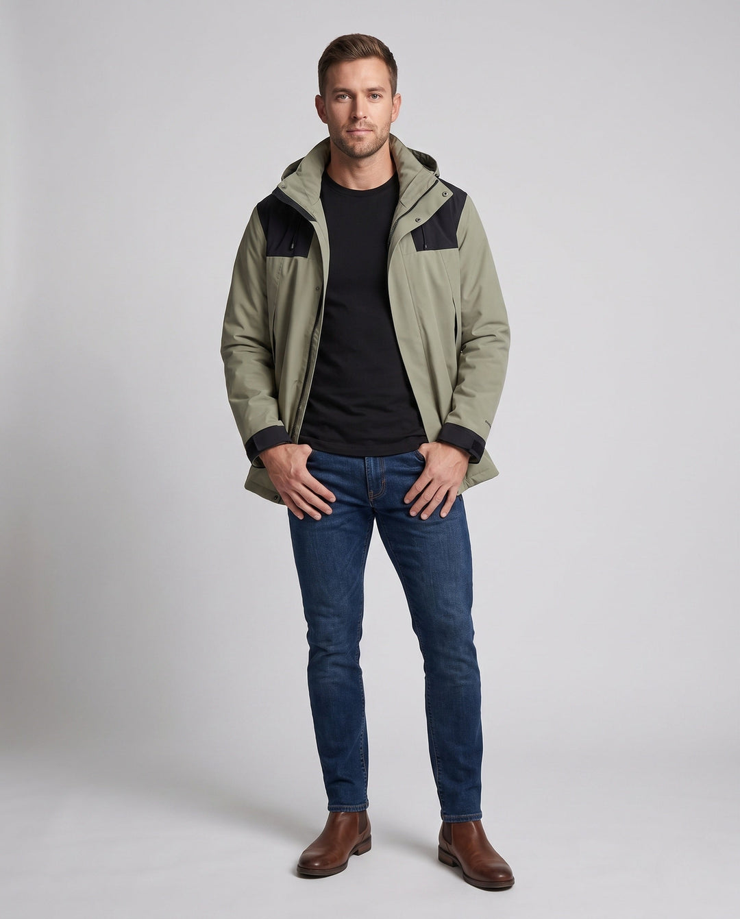 Men's waterproof multi-layer softshell outdoor jacket with removable fleece lining and adjustable hood