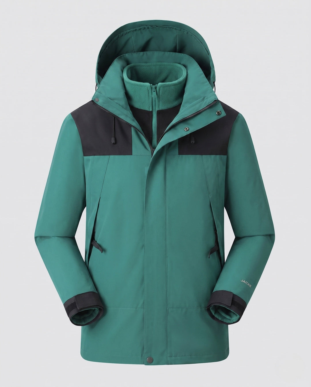Men's waterproof multi-layer softshell outdoor jacket with removable fleece lining and adjustable hood