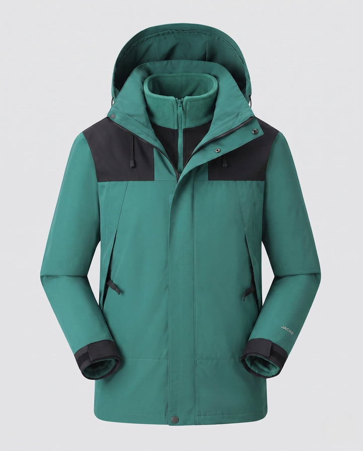 Men's waterproof multi-layer softshell outdoor jacket with removable fleece lining and adjustable hood