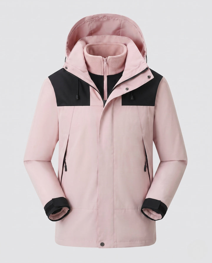 Men's waterproof multi-layer softshell outdoor jacket with removable fleece lining and adjustable hood