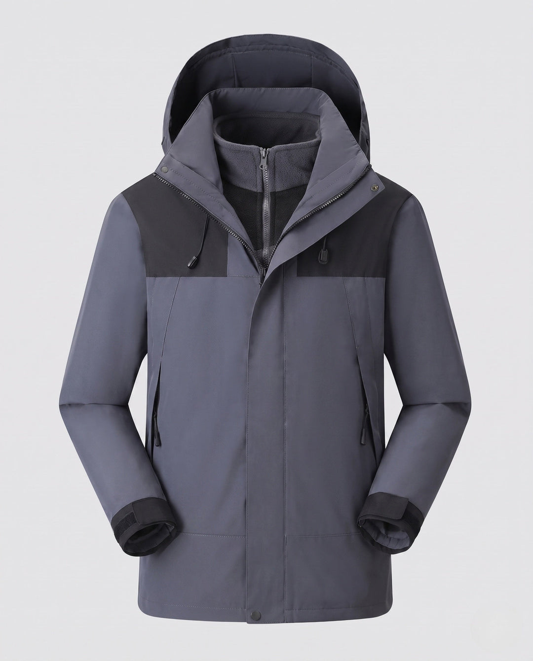 Men's waterproof multi-layer softshell outdoor jacket with removable fleece lining and adjustable hood