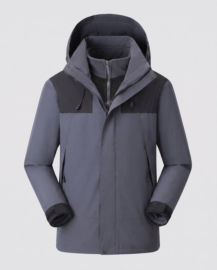 Men's waterproof multi-layer softshell outdoor jacket with removable fleece lining and adjustable hood