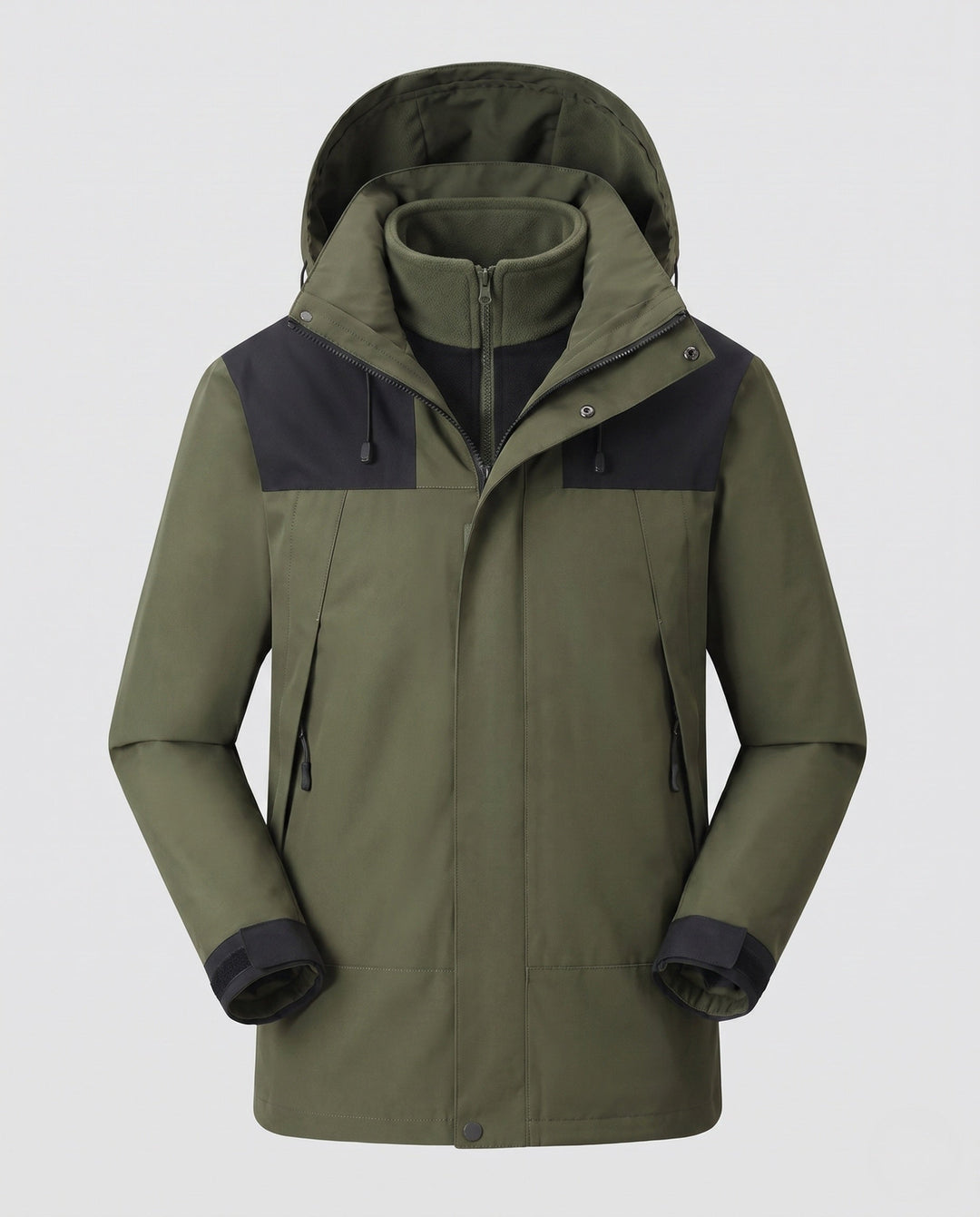 Men's waterproof multi-layer softshell outdoor jacket with removable fleece lining and adjustable hood