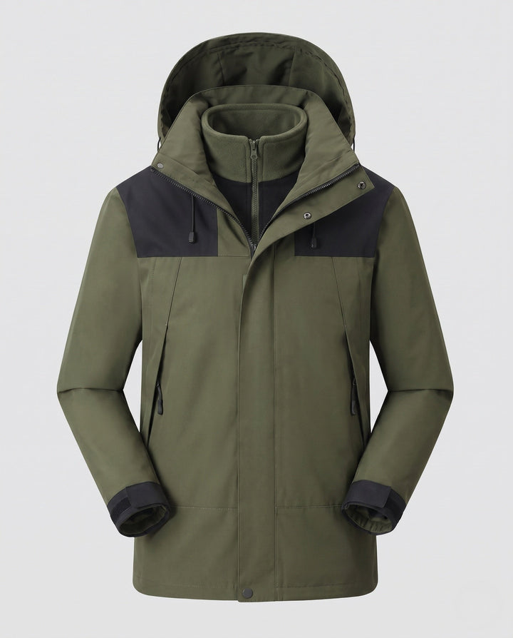 Men's waterproof multi-layer softshell outdoor jacket with removable fleece lining and adjustable hood