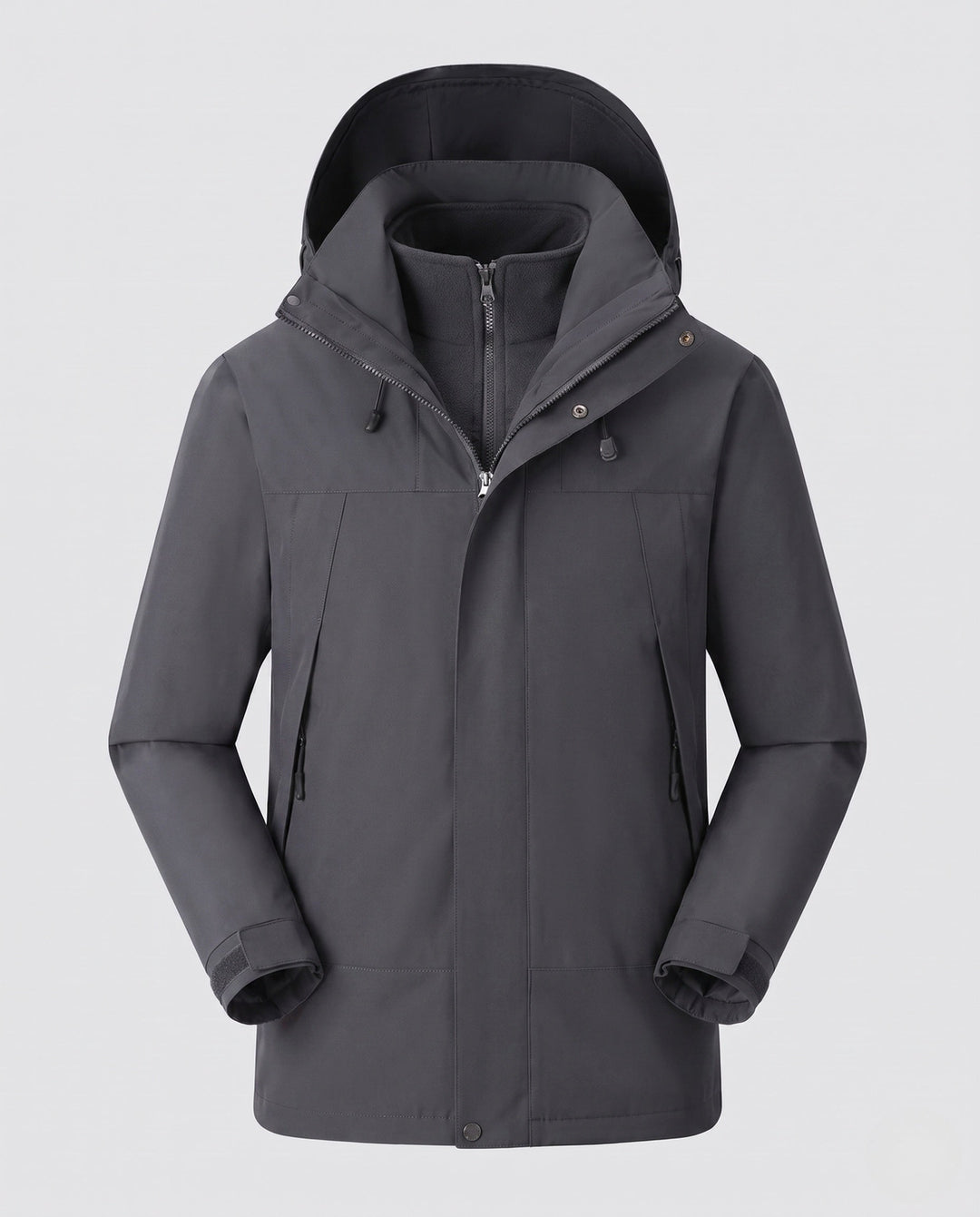 Men's waterproof multi-layer softshell outdoor jacket with removable fleece lining and adjustable hood