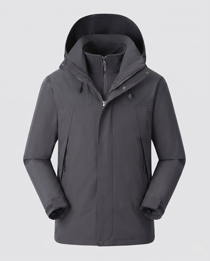 Men's waterproof multi-layer softshell outdoor jacket with removable fleece lining and adjustable hood