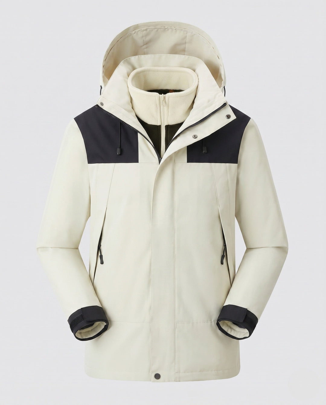 Men's waterproof multi-layer softshell outdoor jacket with removable fleece lining and adjustable hood