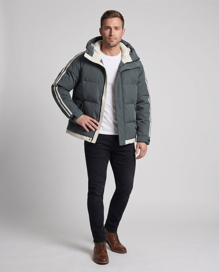 Men's padded hooded winter jacket with sporty side stripes and windproof outer shell