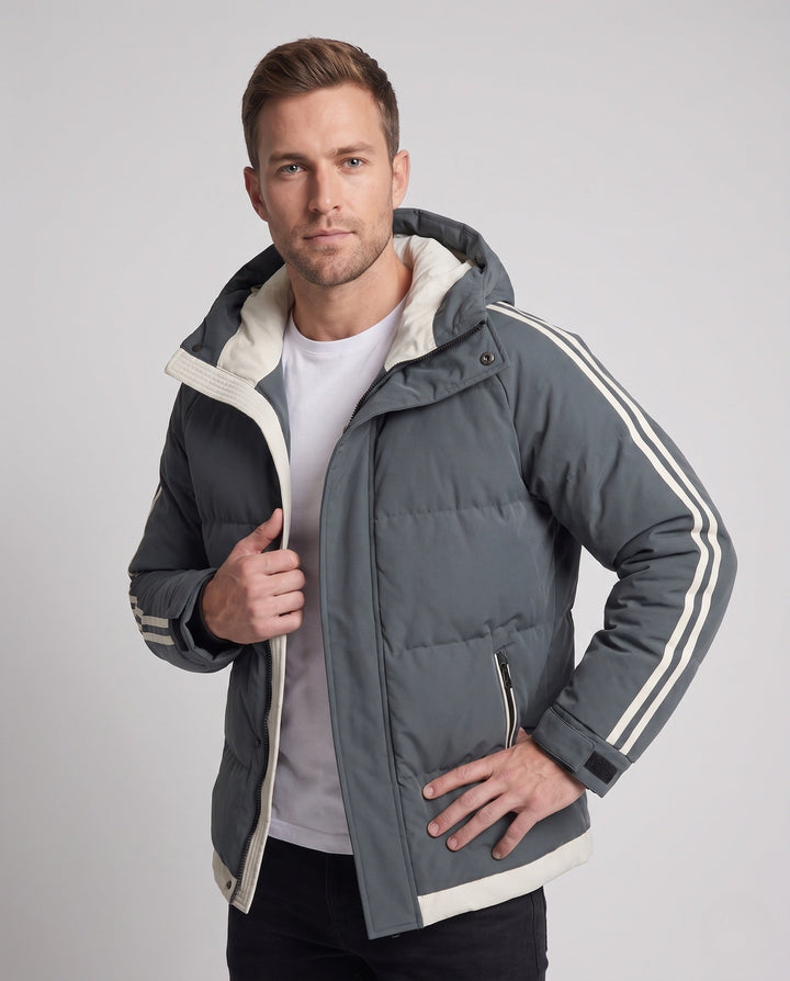 Men's padded hooded winter jacket with sporty side stripes and windproof outer shell
