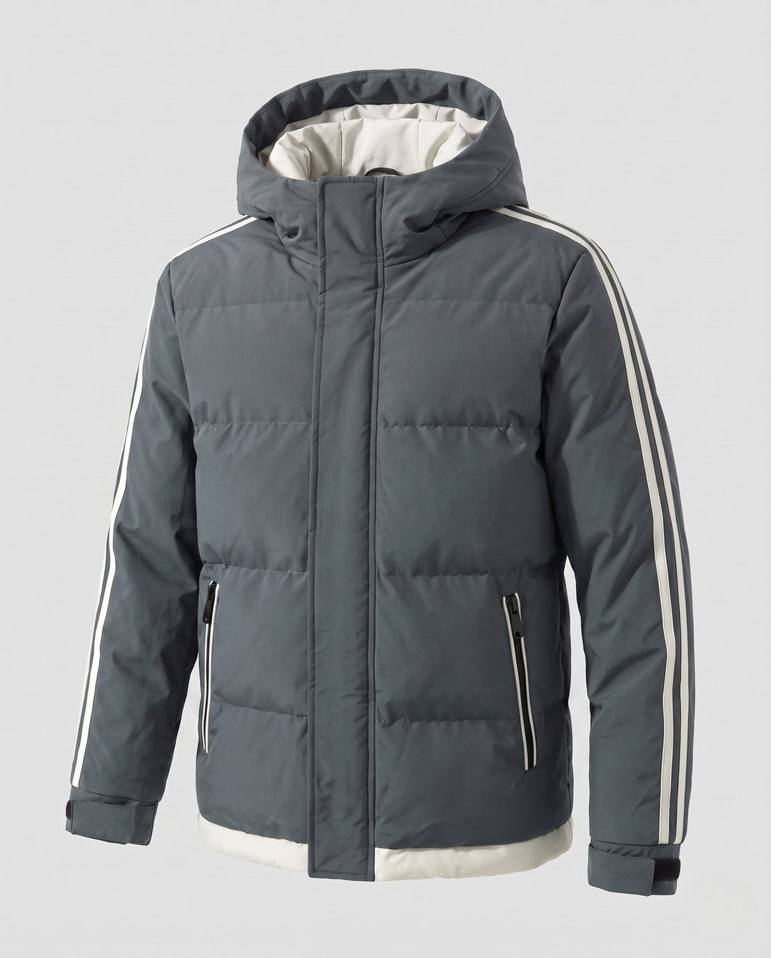 Men's padded hooded winter jacket with sporty side stripes and windproof outer shell