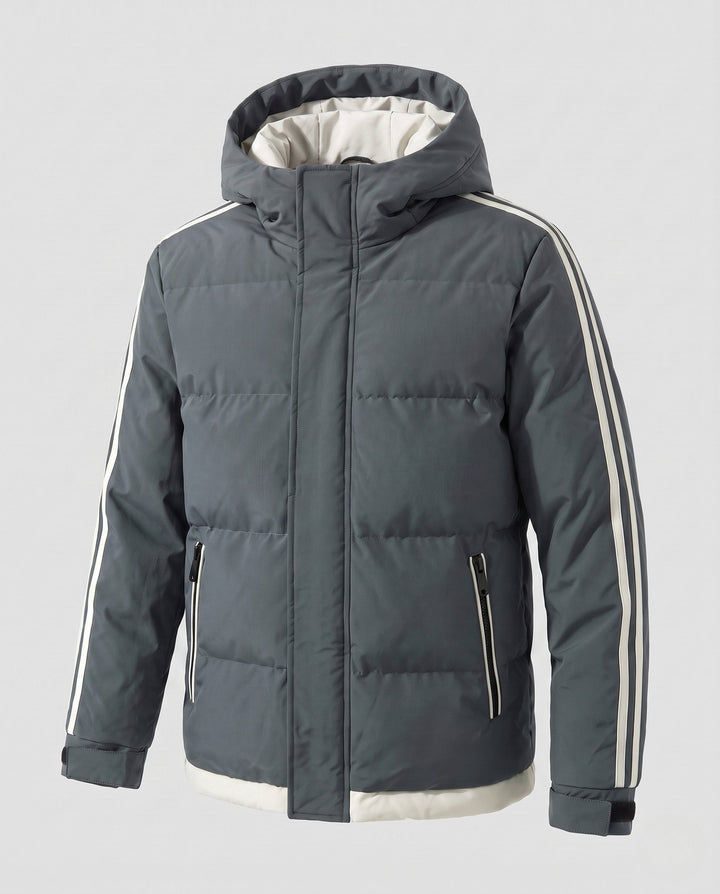 Men's padded hooded winter jacket with sporty side stripes and windproof outer shell
