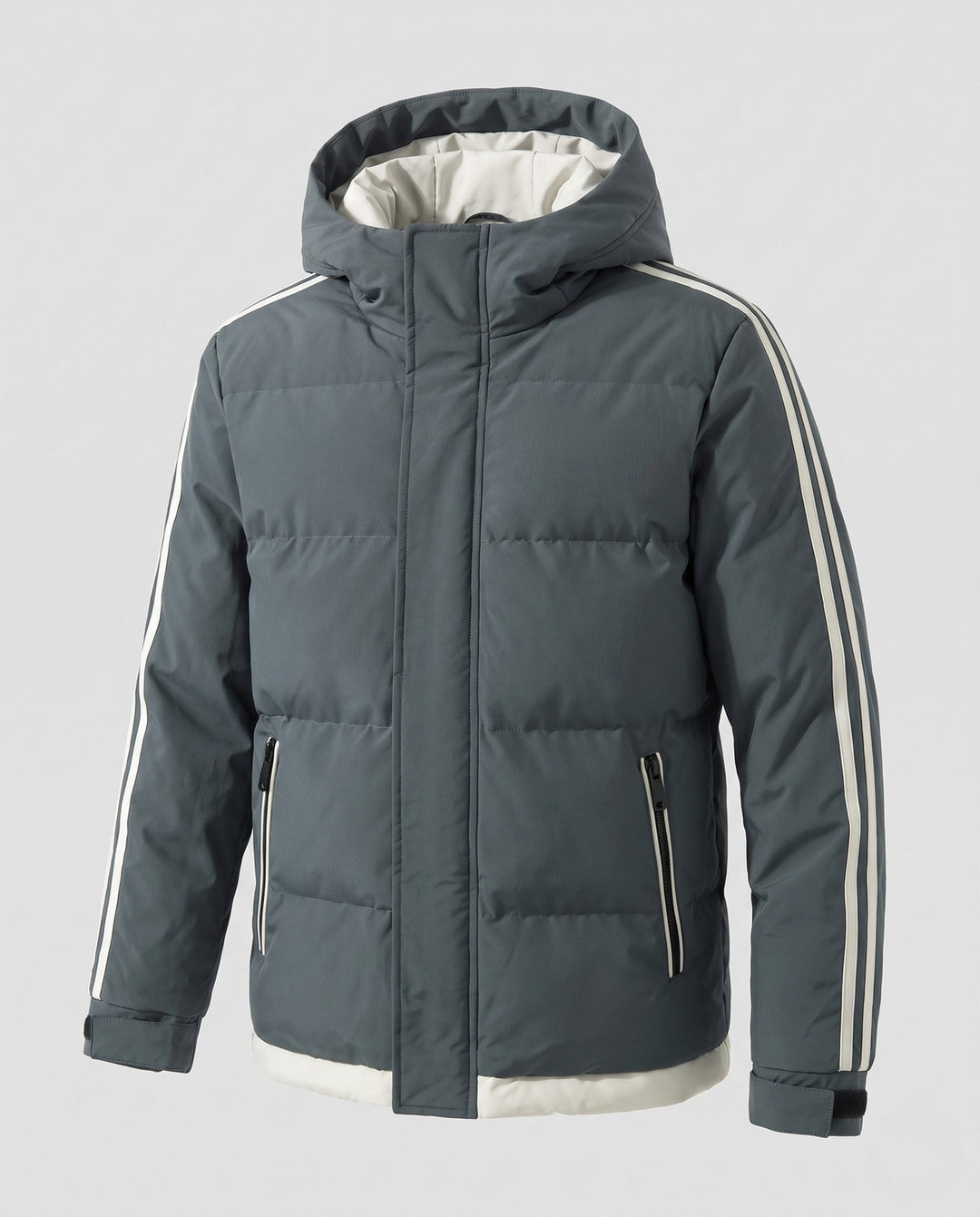 Men's padded hooded winter jacket with sporty side stripes and windproof outer shell