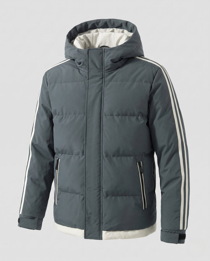 Men's padded hooded winter jacket with sporty side stripes and windproof outer shell