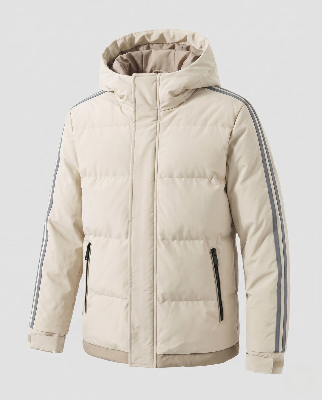 Men's padded hooded winter jacket with sporty side stripes and windproof outer shell