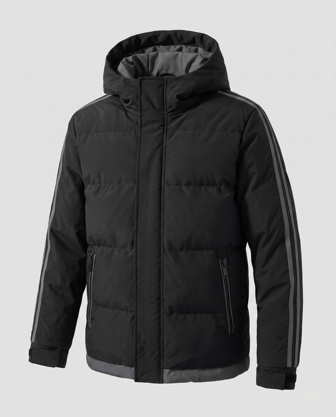 Men's padded hooded winter jacket with sporty side stripes and windproof outer shell