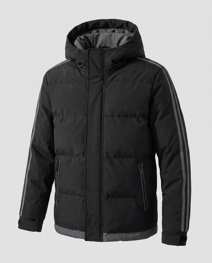 Men's padded hooded winter jacket with sporty side stripes and windproof outer shell