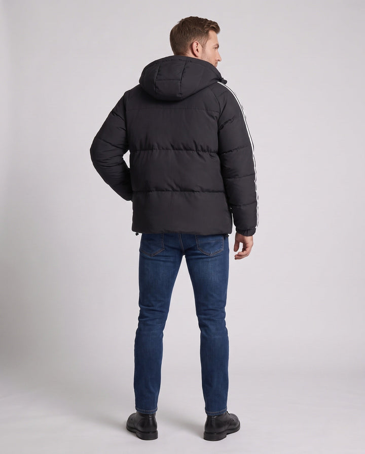 Men's padded hooded jacket in sporty streetwear look with contrasting stripe sleeves and wind-resistant outer shell