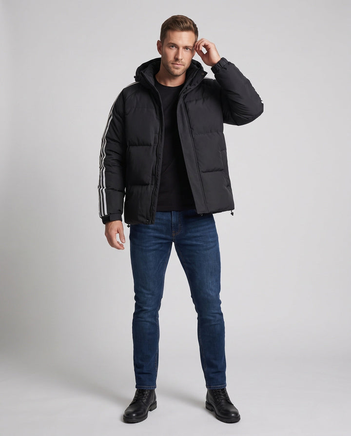 Men's padded hooded jacket in sporty streetwear look with contrasting stripe sleeves and wind-resistant outer shell