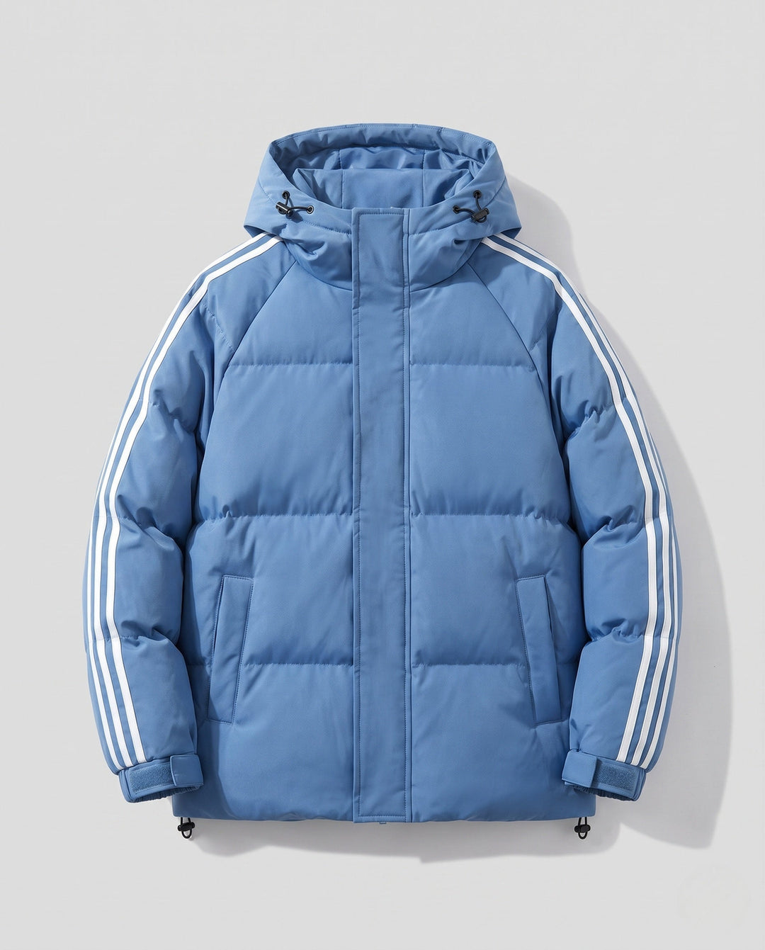 Men's padded hooded jacket in sporty streetwear look with contrasting stripe sleeves and wind-resistant outer shell