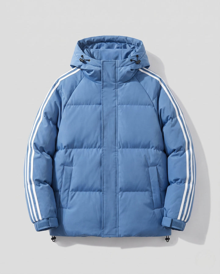 Men's padded hooded jacket in sporty streetwear look with contrasting stripe sleeves and wind-resistant outer shell