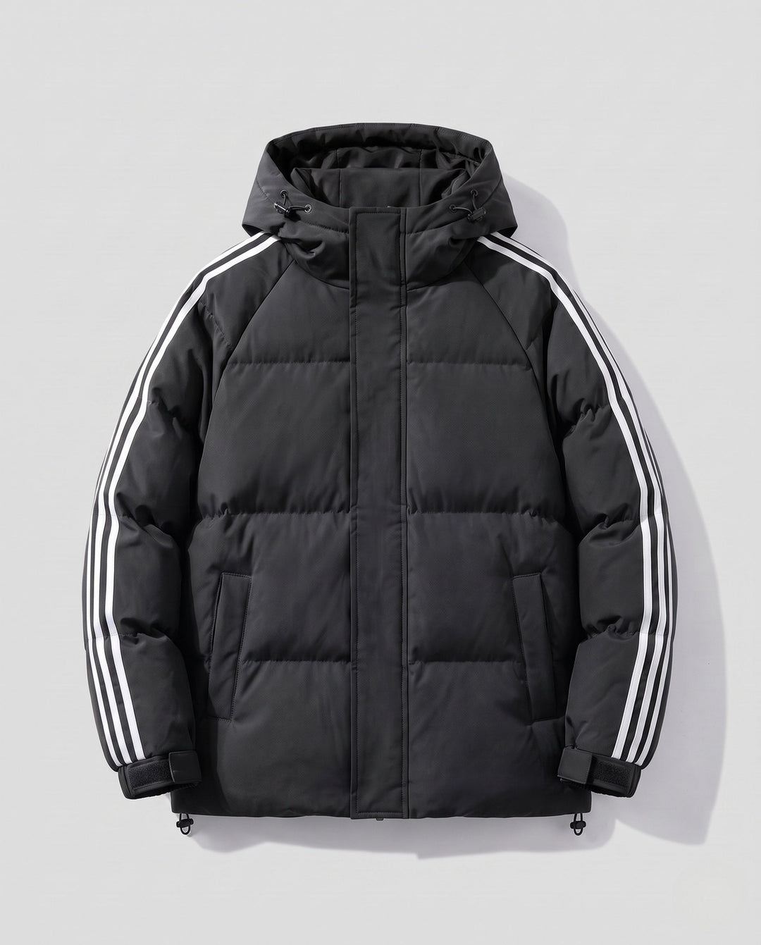 Men's padded hooded jacket in sporty streetwear look with contrasting stripe sleeves and wind-resistant outer shell
