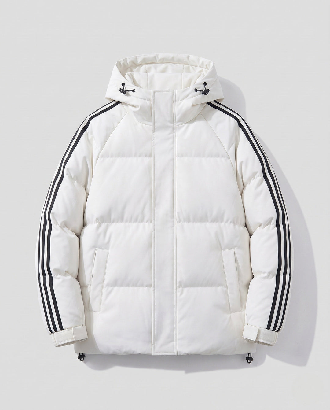 Men's padded hooded jacket in sporty streetwear look with contrasting stripe sleeves and wind-resistant outer shell