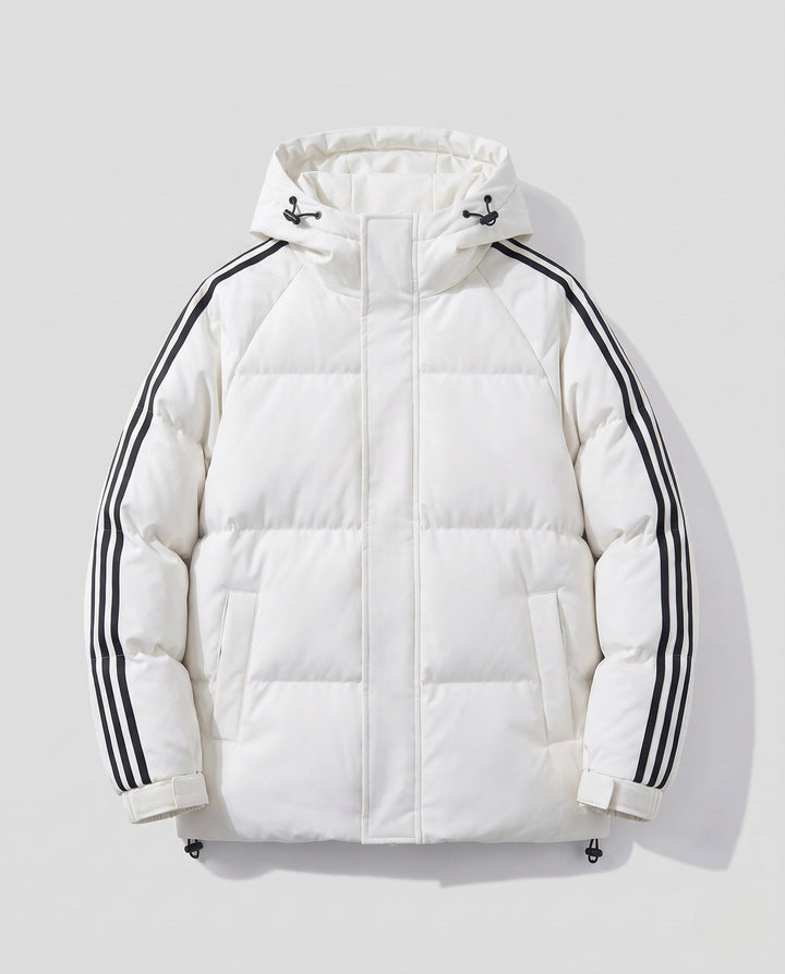 Men's padded hooded jacket in sporty streetwear look with contrasting stripe sleeves and wind-resistant outer shell