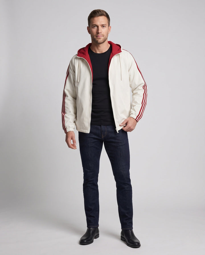 Men's reversible hoodie jacket with contrast stripes, double-sided comfort and two-way zipper