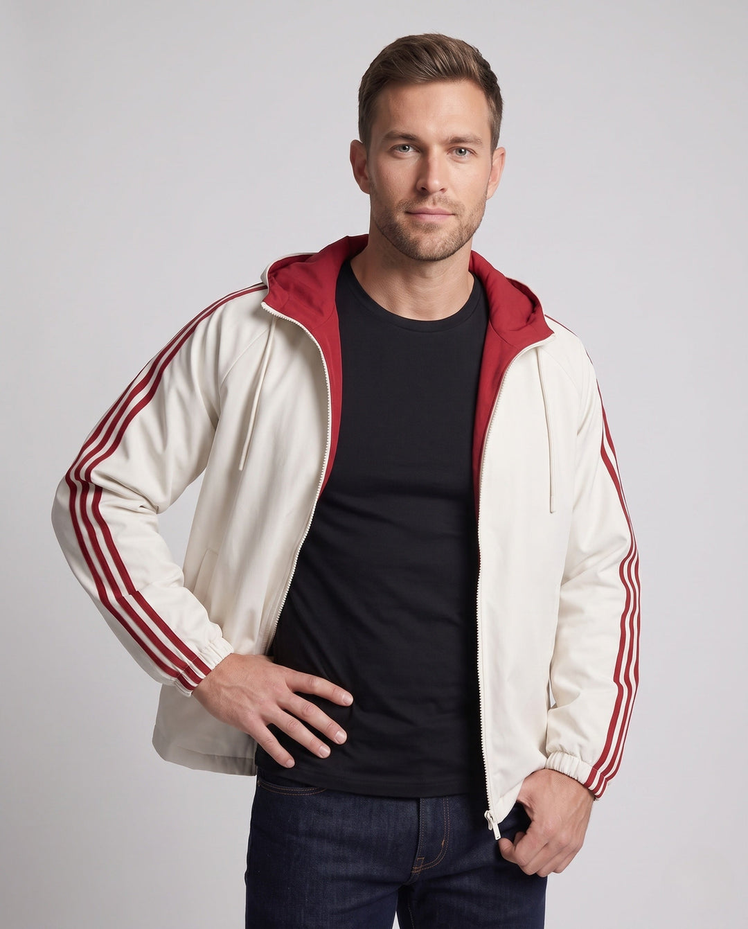 Men's reversible hoodie jacket with contrast stripes, double-sided comfort and two-way zipper