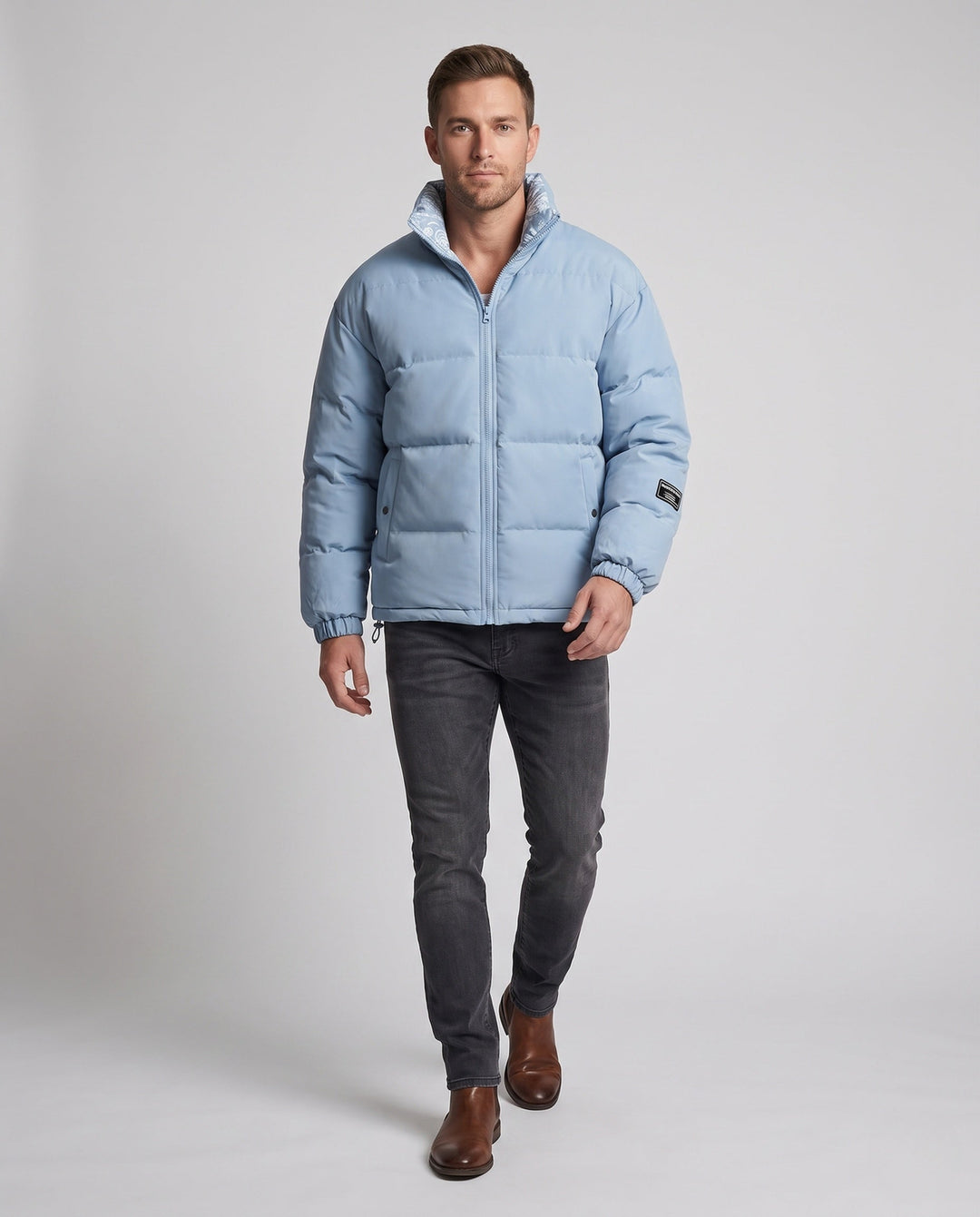Men's reversible quilted jacket with bandana lining and high stand collar