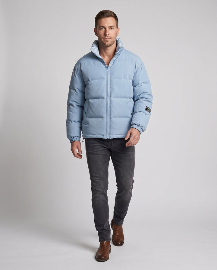 Men's reversible quilted jacket with bandana lining and high stand collar