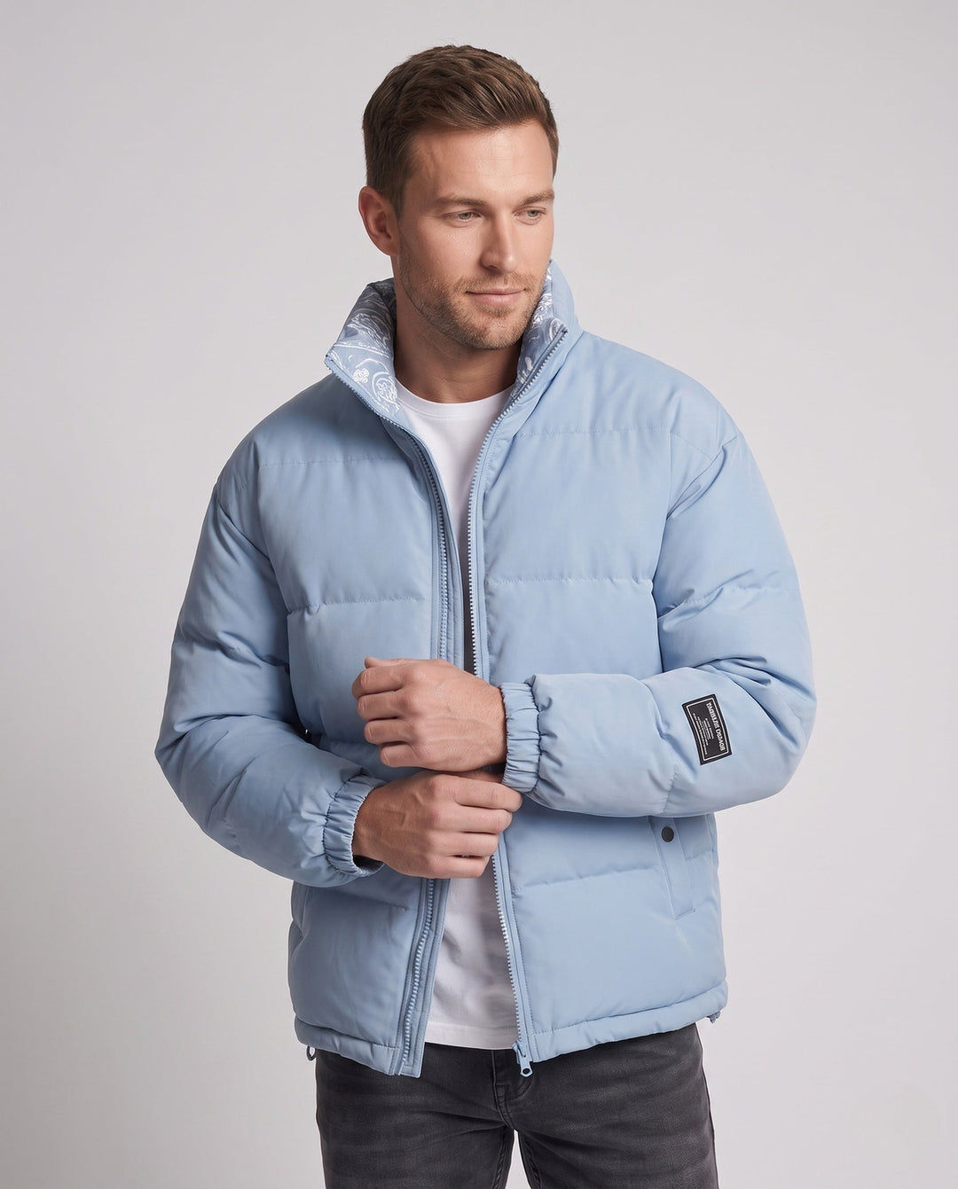 Men's reversible quilted jacket with bandana lining and high stand collar