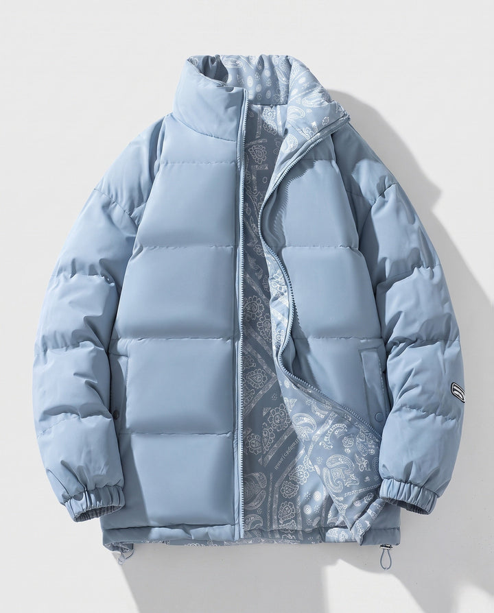 Men's reversible quilted jacket with bandana lining and high stand collar