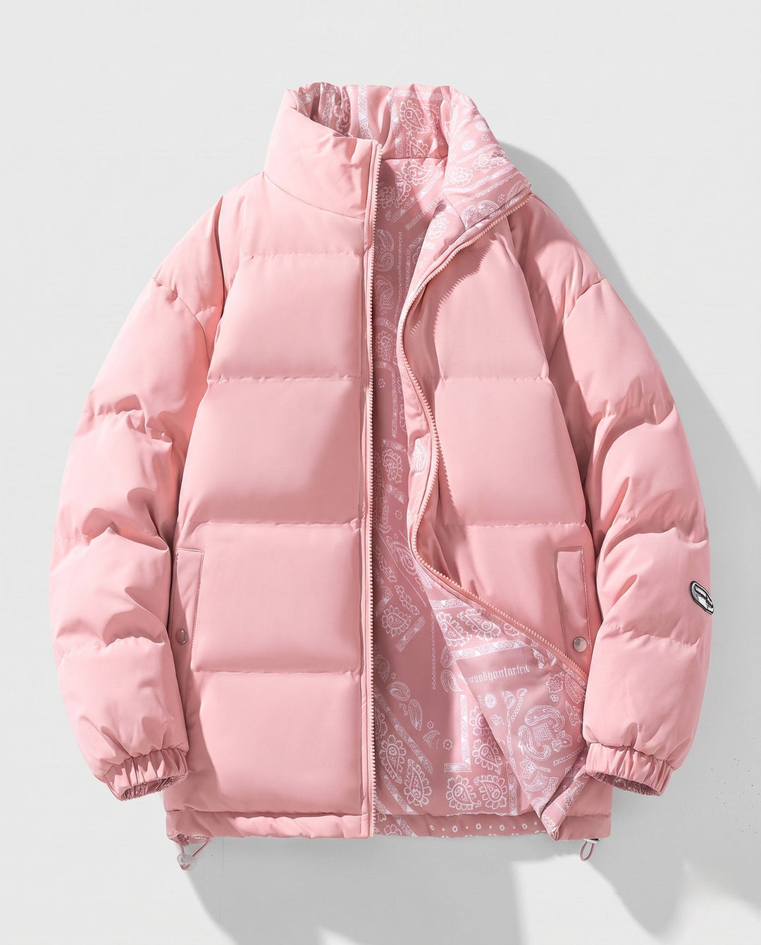 Men's reversible quilted jacket with bandana lining and high stand collar