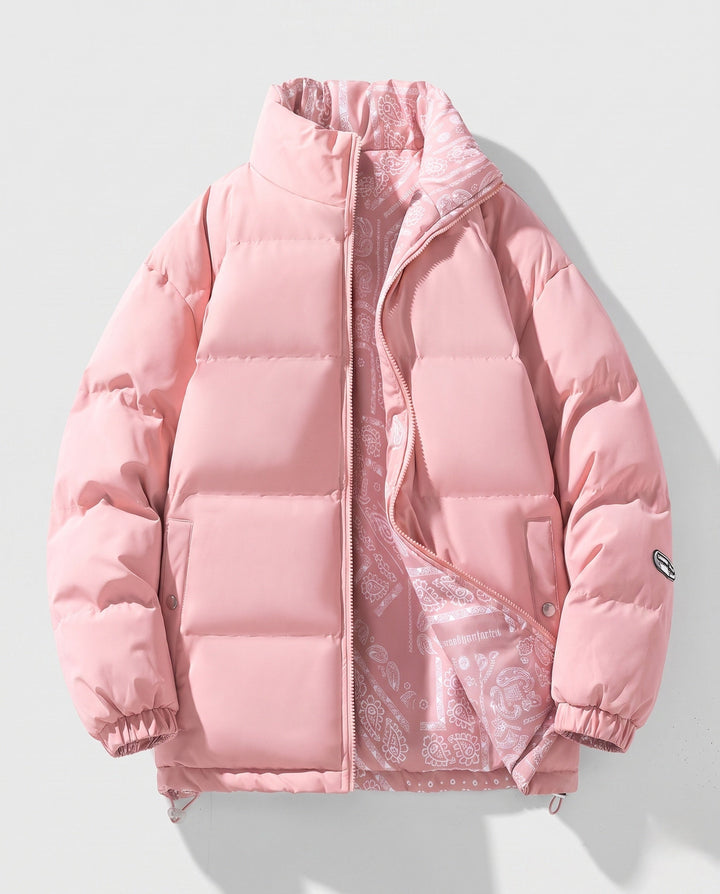 Men's reversible quilted jacket with bandana lining and high stand collar