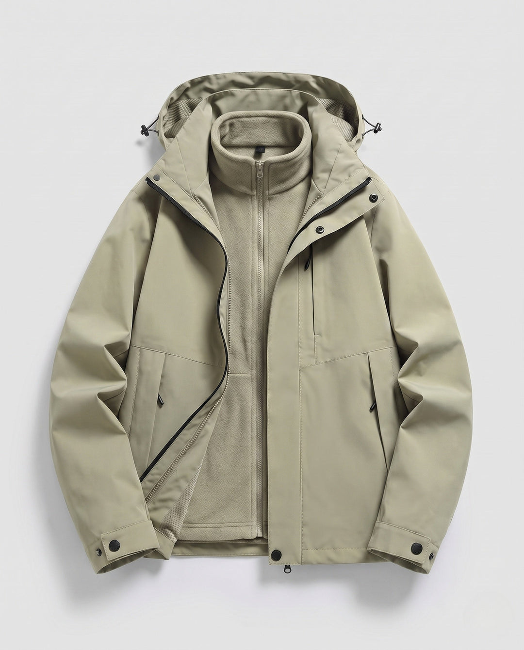 Unisex waterproof softshell all-weather jacket with removable fleece inner jacket and hood