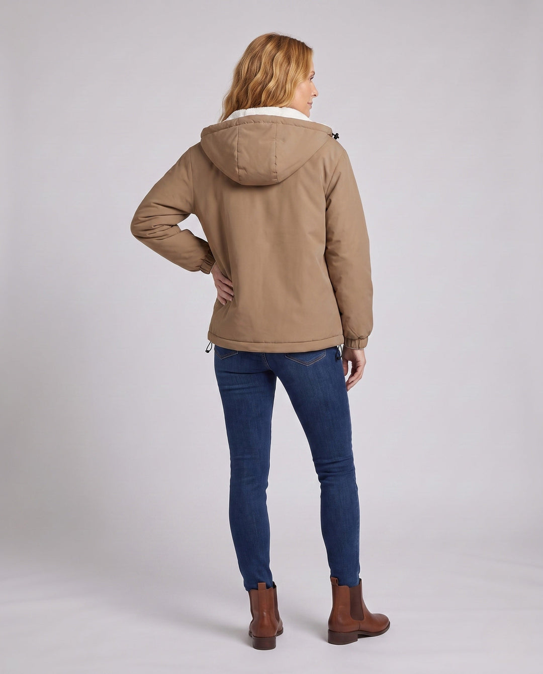 Unisex padded hoodie with teddy fleece lining, concealed front placket and adjustable hem