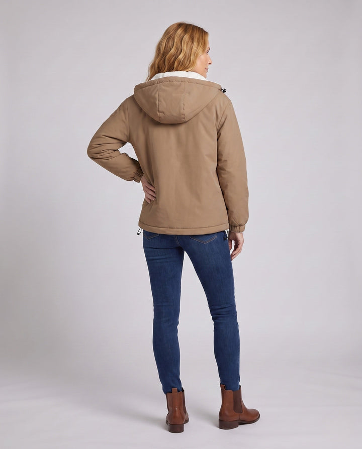 Unisex padded hoodie with teddy fleece lining, concealed front placket and adjustable hem