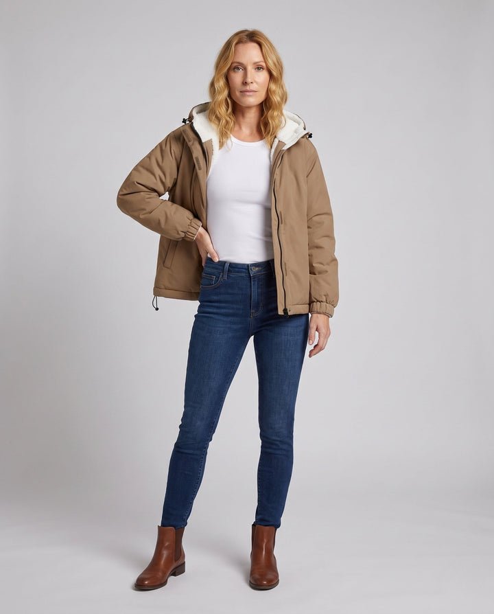 Unisex padded hoodie with teddy fleece lining, concealed front placket and adjustable hem