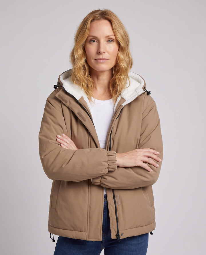 Unisex padded hoodie with teddy fleece lining, concealed front placket and adjustable hem