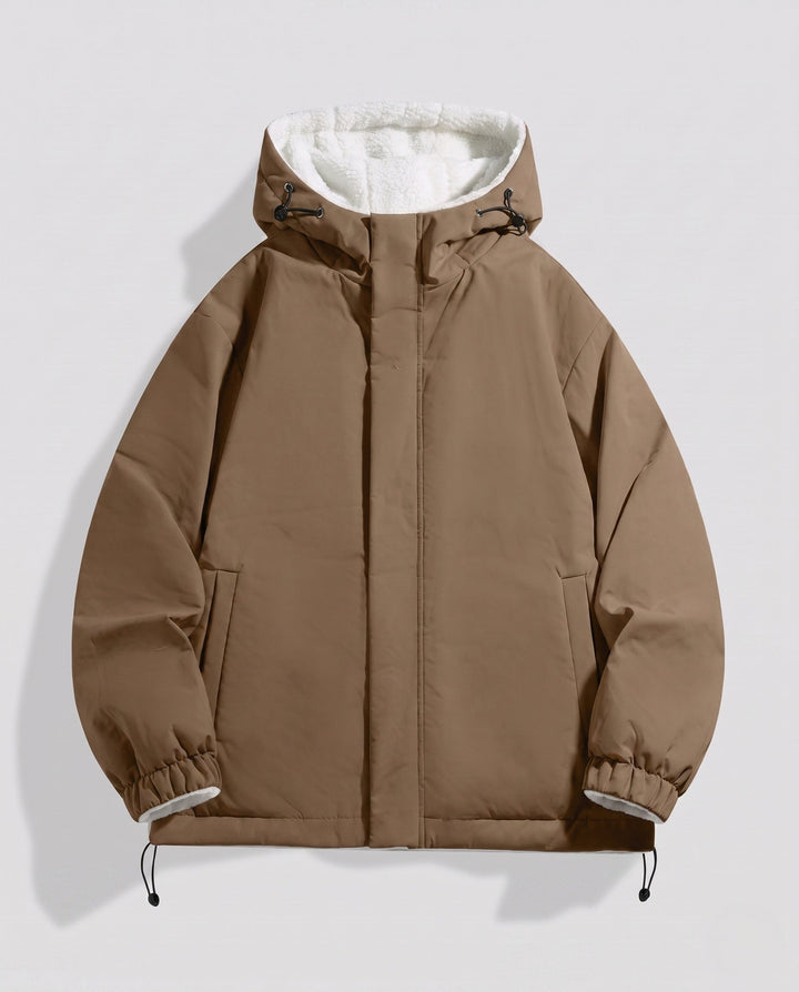 Unisex padded hoodie with teddy fleece lining, concealed front placket and adjustable hem