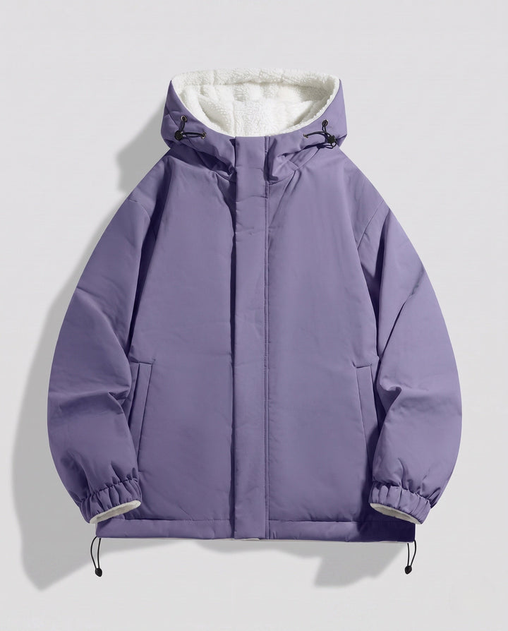 Unisex padded hoodie with teddy fleece lining, concealed front placket and adjustable hem