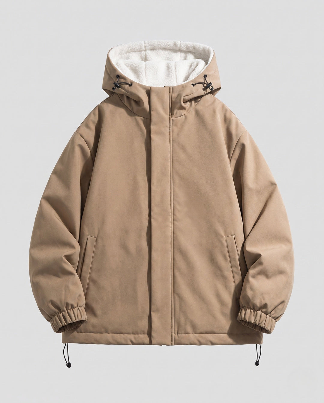 Unisex padded hoodie with teddy fleece lining, concealed front placket and adjustable hem